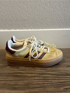 adidas womens Beige Suede Sneakers with Maroon Stripes